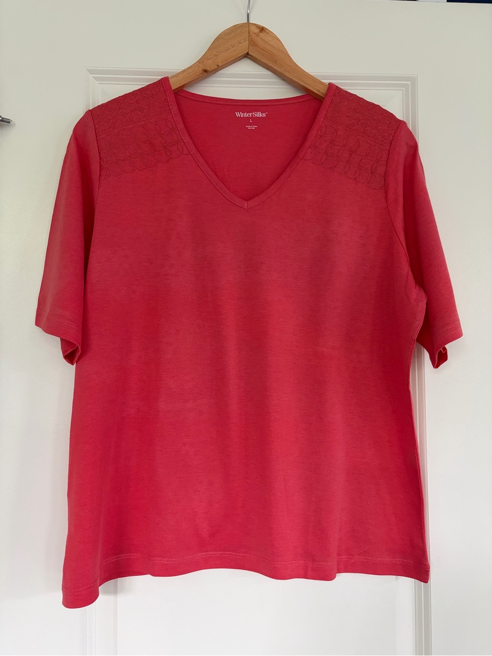 WinterSilks Coral V-Neck Short Sleeve Top with Lace Shoulder Detail